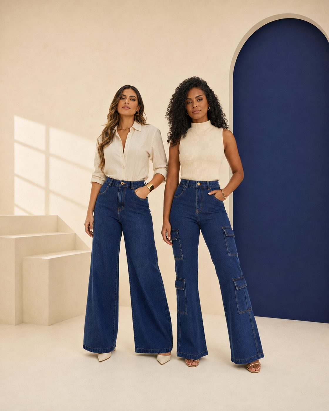 Duas modelos vestindo diferentes modelagens de jeans