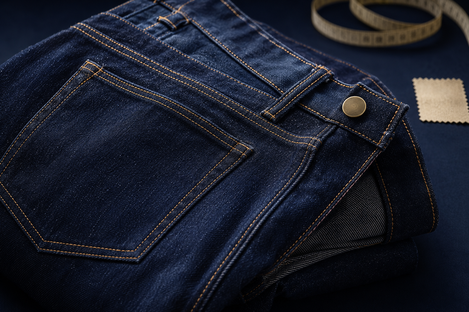 Detalhes da costura e do acabamento de uma calça jeans